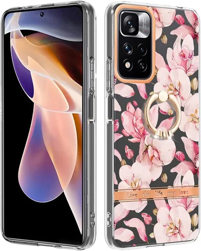 Miniatura 5 de ONV Funda de silicona para Redmi Note 11 Pro 5G – Funda con anillo de metal con purpurina de lujo con flor pintada con flores, funda delgada