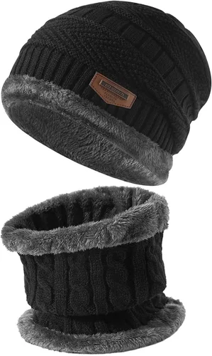 Juego de 2 piezas de gorro de invierno para hombre, bufanda gruesa con forro polar, gorro de calavera, gorro de invierno de punto cálido, calentador