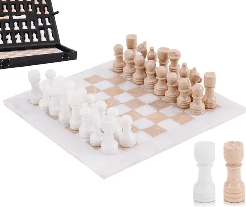 Miniatura 14 de Juego de ajedrez de mármol de 12 pulgadas hecho a mano coral y marrón oscuro con caja de almacenamiento, juego de ajedrez de viaje clásico