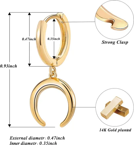 Miniatura 6 de SANNYRA Aretes de aro para mujer, chapados en oro de 14 quilates, circonita cúbica, luna, estrella, rayo, mal de ojo, aretes colgantes para mujer