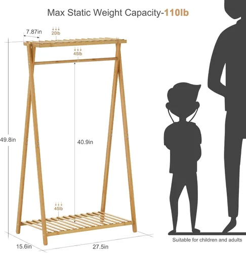 Miniatura 2 de Perchero de bambú para niños, pequeño estante de ropa para niños, estante de vestir para niños con 2 estantes de almacenamiento, perchero portátil