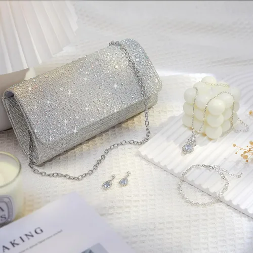 Miniatura 5 de Juego de 4 piezas de plata para mujer, bolso de mano brillante con diamantes de imitación, bolso de mano para regalo de fiesta de boda, plateado