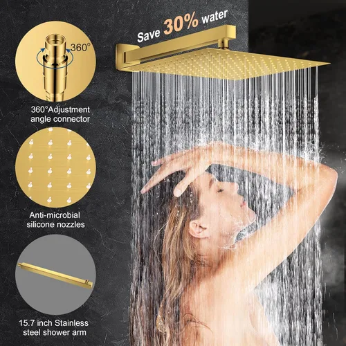 Miniatura 3 de JOMEOO® Juego de grifo de ducha de 12 pulgadas en oro cepillado, sistema de ducha montado en la pared con cabezal de ducha de lluvia de alta presión