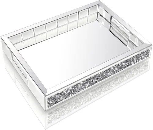 Wocred Organizador de joyas de espejo para tocador de dormitorio, bandeja de baño de diamantes triturados con asas, bandeja de perfume, bandeja