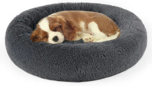 Miniatura 10 de Cama para perros, cama calmante para gatos, cama de felpa de piel sintética con forma de rosquilla para mascotas, cama redonda para perros y gatos