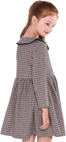 Miniatura 4 de SOLOCOTE Vestido a cuadros para niñas, de algodón, casual, de primavera, manga larga, cuello Peter Pan, 3-14 años