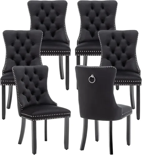 Eifizek Sillas De Comedor - Juego de 6 sillas de comedor de terciopelo con borde de anillo de clavo, sillas de comedor tapizadas con patas de madera