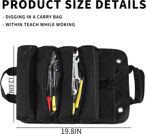 Miniatura 2 de Bolsa enrollable para herramientas, organizador de bolsa de herramientas, bolsas de almacenamiento enrollables con 6 bolsillos con cremallera y Negro