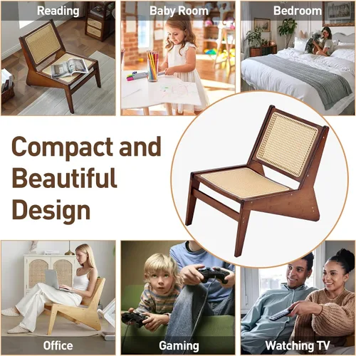 Miniatura 7 de Welnow Silla decorativa de ratán de mediados de siglo, silla de salón de madera de bambú con respaldo de caña tejida, sillón bajo para sala