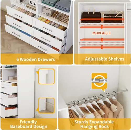 Miniatura 3 de Sistema de armario con 6 cajones, sistema organizador de armario de madera de 48", sistema de armario para vestidor o armario pequeño con estantes