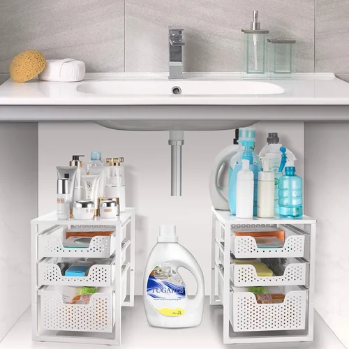 Miniatura 7 de Simple Trending - Organizador de gabinete de 3 niveles para debajo del fregadero, con cajón de almacenamiento deslizante, organizador de mesa