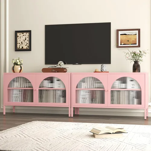 Miniatura 5 de Soporte de metal para TV, armario de almacenamiento con 2 puertas acrílicas, armario rosa con estante ajustable, gabinete lateral para el hogar