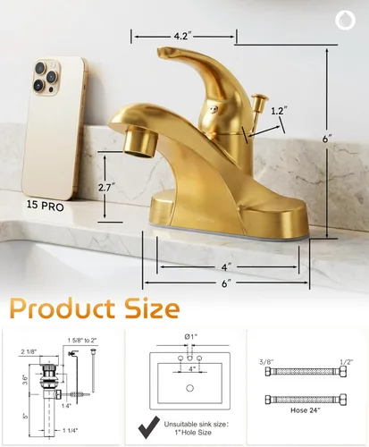 Miniatura 6 de WOWOW Grifo de baño de 4 pulgadas de un solo mango para fregadero de baño, llave de tocador de oro cepillado con conjunto de drenaje de barra