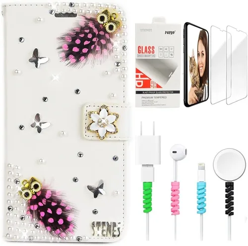 Miniatura 8 de Bling Wallet - Funda de cuero compatible con Google Pixel 6a, elegante, hecha a mano en 3D, con libélula y purpurina para bicicleta, con protector