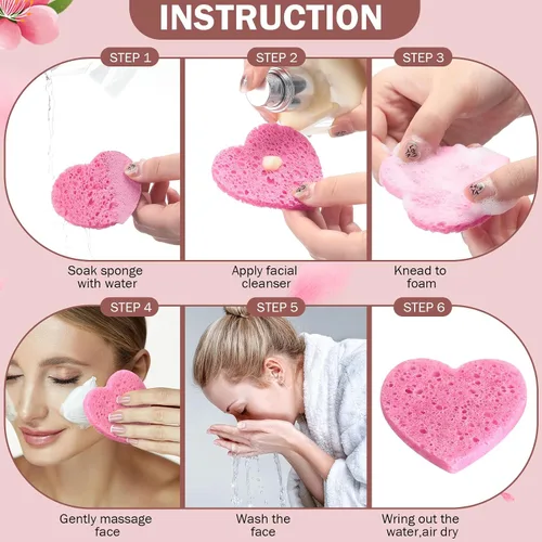 Miniatura 5 de Dandat 300 esponjas faciales comprimidas en forma de corazón, esponjas faciales para limpieza, almohadillas exfoliantes faciales naturales para Rosa