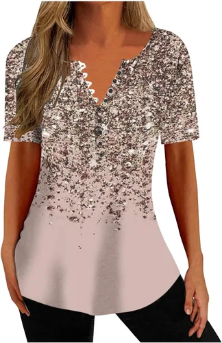 Miniatura 17 de Summer Shirts for Women 2025 Plus Size Short Sleeve Henley Tops Marble Floral Loose Tshirt Tee Casual Dressy Tunics