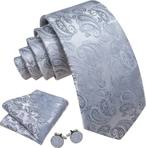 Miniatura 73 de Barry.Wang - Juego de corbata de seda para hombre, diseño de cachemira, pañuelo y gemelos de bolsillo