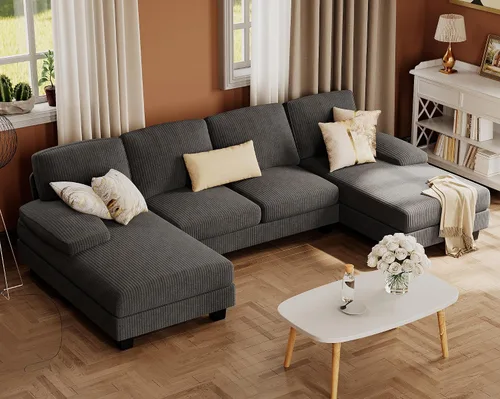 Miniatura 9 de Furmax - Sofás seccionales para sala de estar, sofá en forma de U con tela de lino, juego de sofá de 4 plazas con doble chaise para apartamento Beige