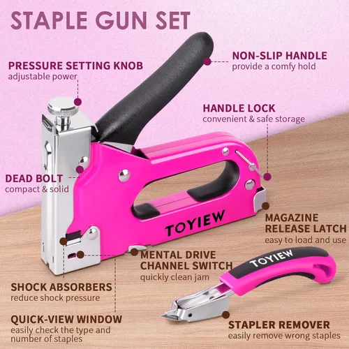 Miniatura 4 de Juego de Herramientas de Pistola de Grapas Rosa de 33 Piezas, Pistola de Grapas de Tapicería 3 en 1 para Madera de Servicio Pesado y 900 Grapas