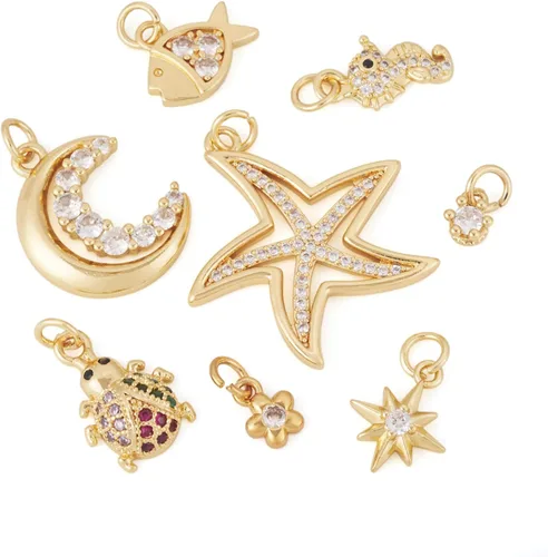 Miniatura 7 de Cheriswelry 8 colgantes chapados en oro de 18 quilates con circonita cúbica, flor, estrella, luna, mariquita, pez, metal, de 0.23 a 0.19 pulgadas