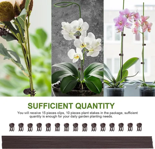 Miniatura 5 de Juego de 10 estacas de metal para plantas de jardín con 15 clips de fijación de vid, estacas de flores de un solo tallo de 15.75 pulgadas de alto