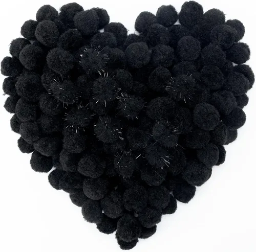 Pllieay 160 pompones con bolas brillantes para decoraciones de Pascua, pompones negros de 1 pulgada para manualidades, decoración del hogar del día