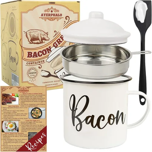 Miniatura 9 de Recipiente para grasa de tocino con colador - Con espátula de silicona de grado alimenticio de 24oz, recipiente rústico de grasa esmaltado
