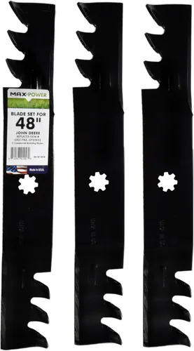 MaxPower 561812XB Juego de 3 cuchillas comerciales 3-N-1 para cortacéspedes John Deere de 48 pulgadas. Reemplaza al OEM no. GX21784, GX21786, GY20852