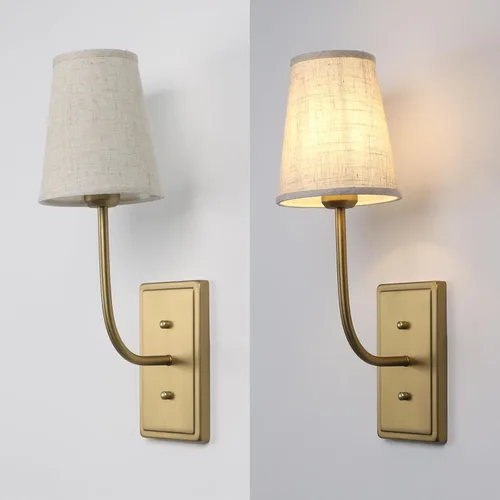 Miniatura 5 de Aplique de pared de latón de granja, 1 luz, pantalla de tela de lino, lámpara de pared interior con cable para dormitorio, sala de estar, tocador