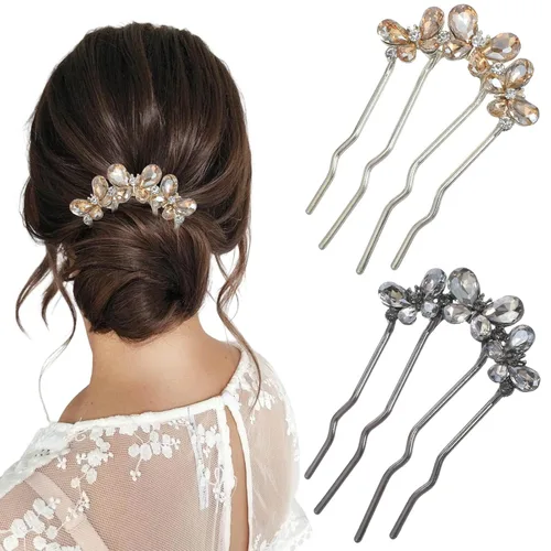 2 horquillas en forma de U, horquillas francesas, perlas, en forma de U, para moños, perlas, para mujeres, oro/negro