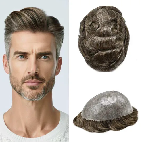 Miniatura 124 de Peluca completa de poliuretano para hombre, sistemas de reemplazo de cabello humano, piel fina y duradera, para hombre, prótesis de cabello