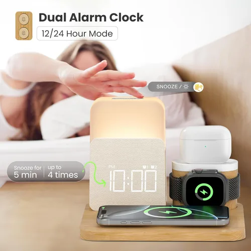 Miniatura 3 de Estación de carga de reloj despertador para dormitorios, estación de carga inalámbrica 7 en 1, cargador magnético con luz nocturna para iPhone 17