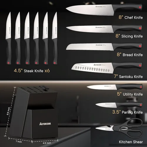 Miniatura 8 de Astercook Juego de cuchillos de cocina de 15 piezas con afilador integrado, juego de bloques de cuchillos de chef de acero inoxidable alemán de alto