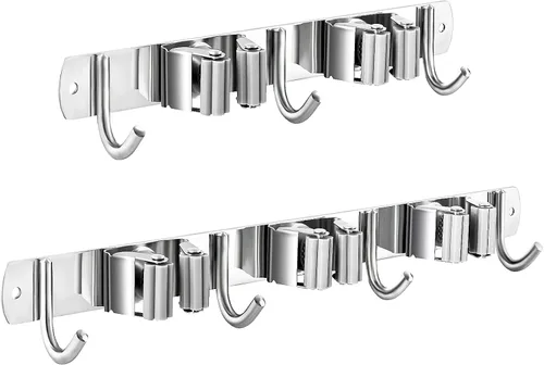 Miniatura 8 de Soporte para escoba y trapeador montado en la pared, estante de almacenamiento para escobas, colgador de trapeador de acero inoxidable, soportes