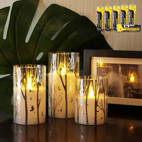Rhytsing Velas LED de vidrio con diseño de abedul a pilas con temporizador, velas de pilar sin llama para decoración de primavera y verano -