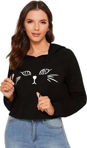 Miniatura 6 de Sudadera SweatyRocks corta con capucha, manga larga, con estampado de gato, para mujer