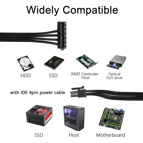 Miniatura 7 de YACSEJAO Cable divisor de alimentación SATA Mini de 4 pines a 2 pines en ángulo recto de 15 pines para HDD, SSD, unidades ópticas, cable