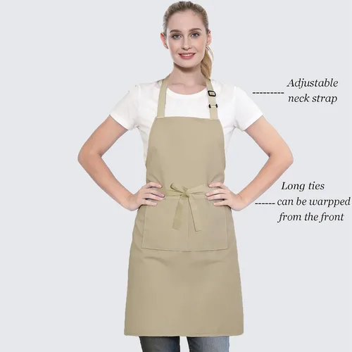 Miniatura 2 de Paquete de 2 delantales de lona resistentes al agua ajustables con 2 bolsillos con lazos largos para cocina, cocina, restaurante, chef para mujeres