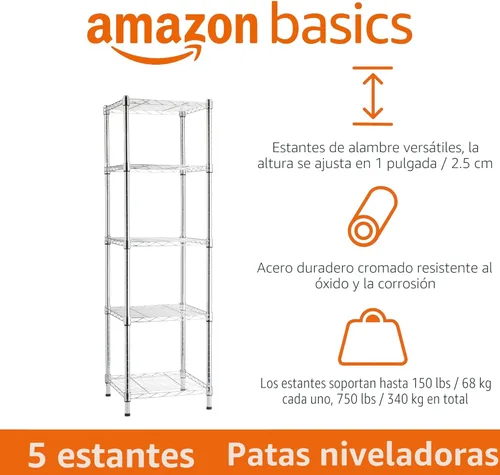 Miniatura 4 de Amazon Basics Estantería de almacenamiento ajustable en torre de 5 estantes, cromada, 16 pulgadas de profundidad x 16 pulgadas de ancho x 54 cromado