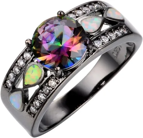 JunXin Anillo de ópalo de oro negro para mujer, banda ancha para fecha, multicolor, talla 5678910, Oro, circonita