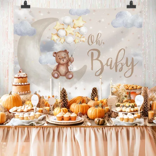 Miniatura 3 de MEHOFOND Oh Baby Bear - Telón de fondo para baby shower, género neutro, decoración de fiesta de cumpleaños, pancarta de oso en la luna, globos