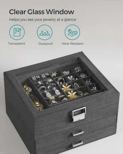 Miniatura 3 de SONGMICS Joyero, organizador de almacenamiento de joyas con cerradura, caja de joyería con ventana de cristal, para anillos, aretes, tachuelas