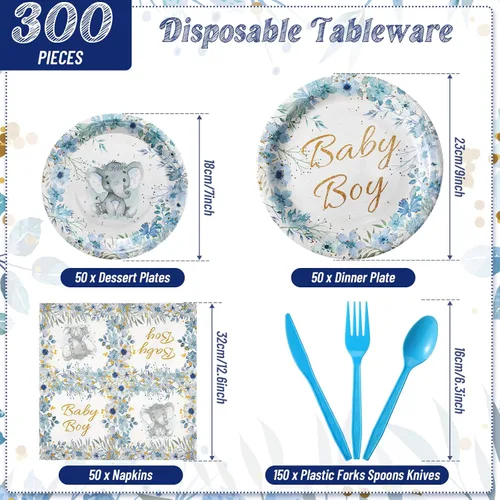 Miniatura 2 de Bokon Juego de 300 platos de elefante para baby shower, para 50 vajillas, incluye platos, servilletas, tenedores, cucharas, cuchillos, elefante