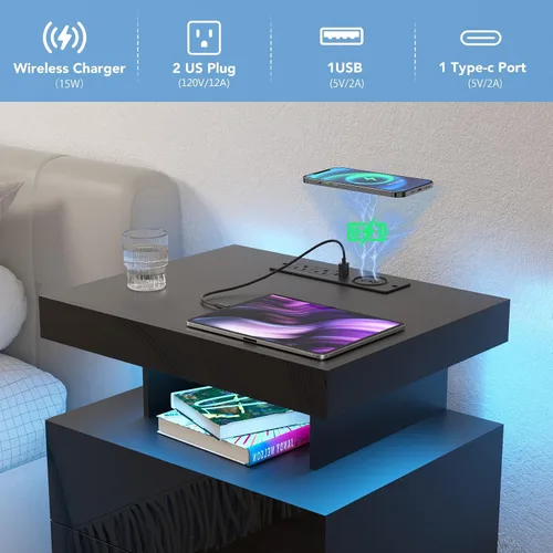 Miniatura 3 de HOMMPA Mesita de noche negra con estación de carga inalámbrica, mesita de noche de alto brillo con 3 cajones, mesa auxiliar con carga USB tipo C
