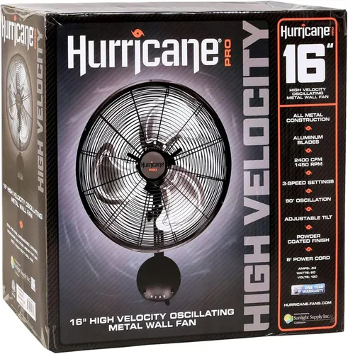 Miniatura 6 de Hurricane Ventilador de Pared de Metal Oscilante Pro de Alta Velocidad con 3 Velocidades, Negro, 16" - Unidad de Enfriamiento de Aire Eléctrica