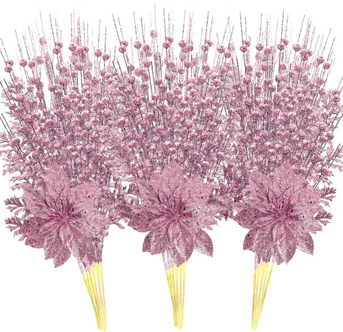 Juego de 18 adornos para árbol de Navidad, decoraciones de ramas navideñas rosadas falsas de 17.5 pulgadas con 2 estilos, adornos de tallo de bayas
