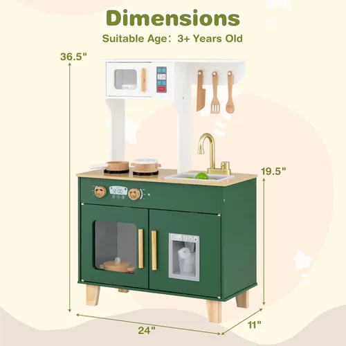 Miniatura 9 de HONEY JOY Play Kitchen, juego de cocina retro de juguete de madera con estufa, fregadero, grifo, microondas, máquina de hielo, utensilios de cocina