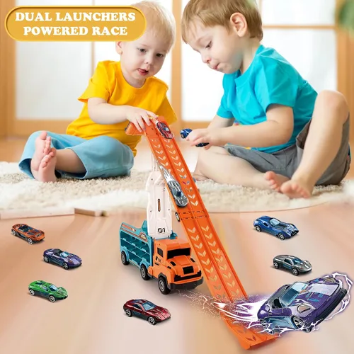 Miniatura 4 de Juguetes de camión para niños pequeños, camión transportador de automóvil de juguete para niños de 3 a 5 4 a 8 años, juegos de pista de autos Naranja