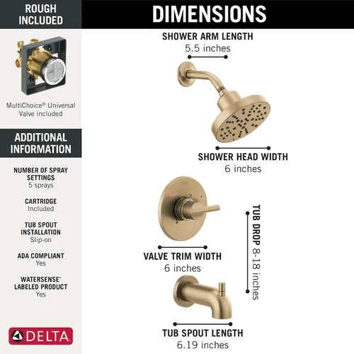Miniatura 4 de Delta Nicoli 14 Series H2Okinetic Bathtub and Shower Faucet Set, Brushed Gold Shower Head and Handle Set, Valve Trim Kit, Champagne Bronze 144749-CZ