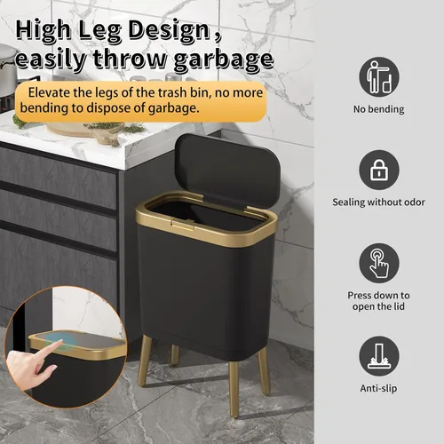 Miniatura 2 de Procade Paquete de 2 Basureros de Baño con Tapa, Cubo de Basura Moderno para Cocina, Cubo de Basura de 4 Galones con Borde Dorado, Cesta de Basura
